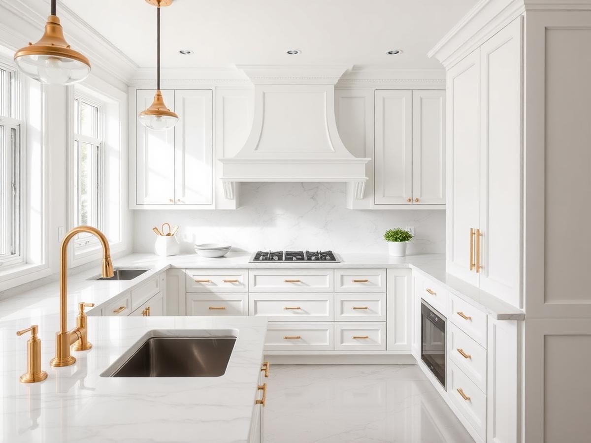 Spotless luxury white kitchen with marble counters